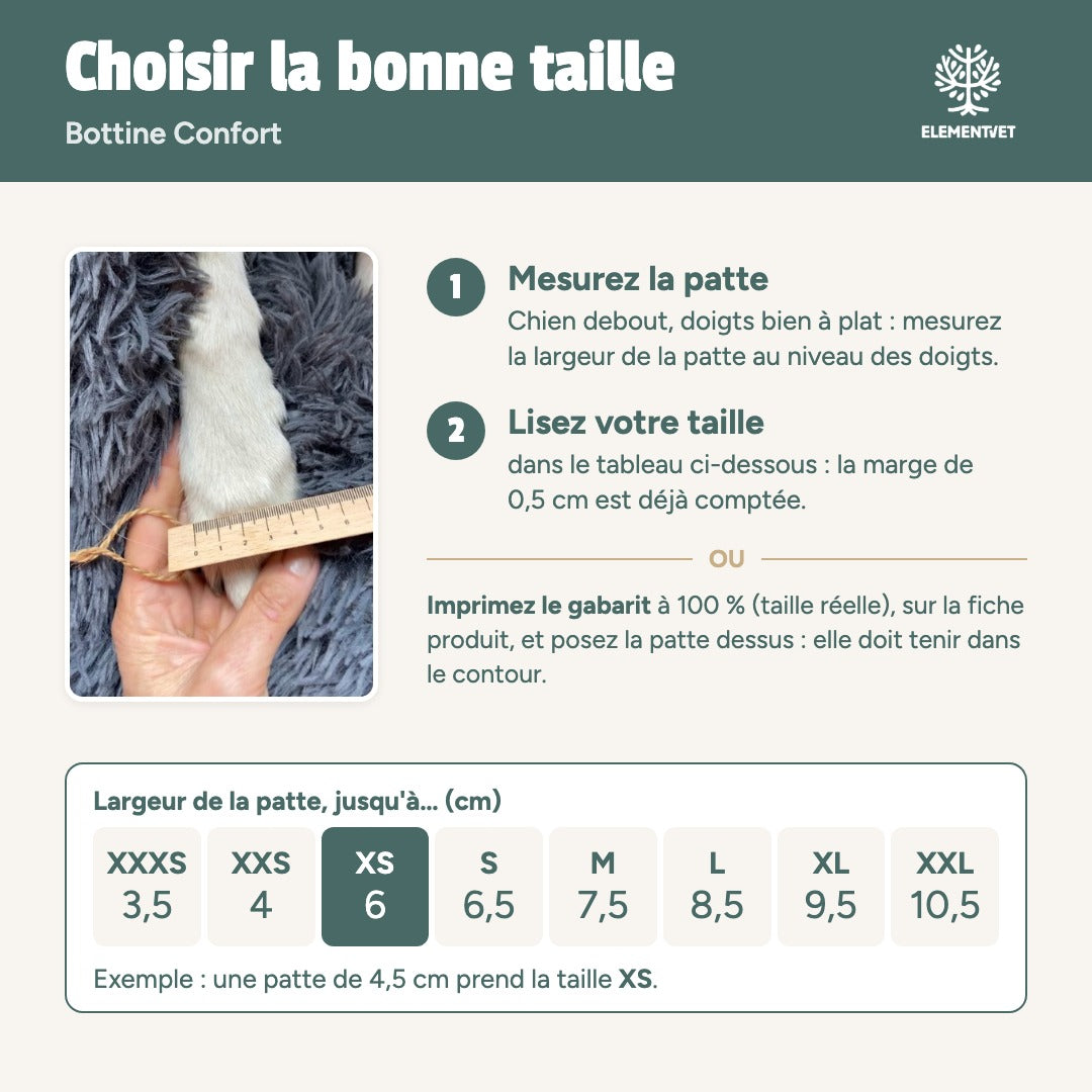 Choisir la bonne taille de bottine Confort : mesurer la largeur de la patte et lire la taille dans le tableau