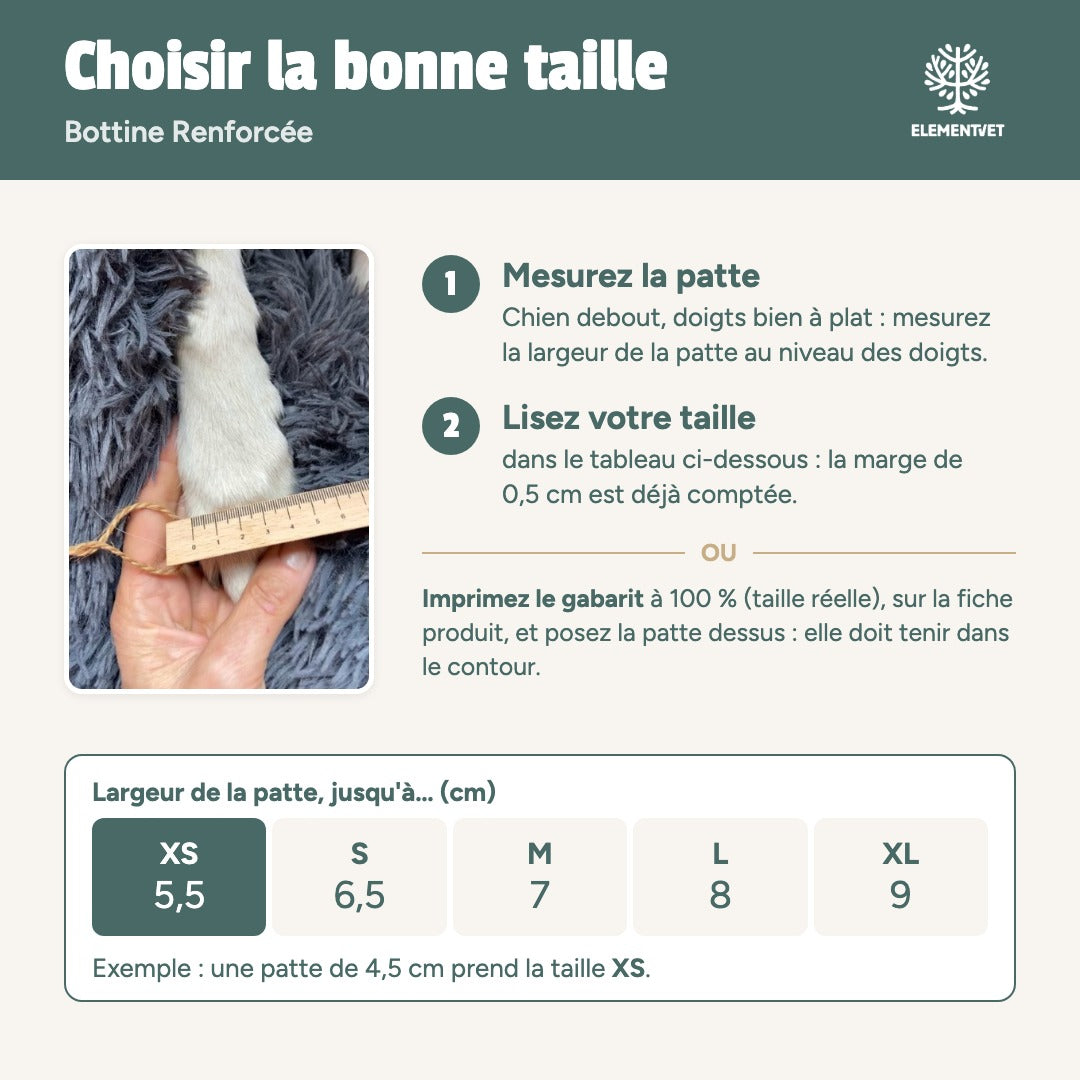 Choisir la bonne taille de bottine Renforcée : mesurer la largeur de la patte et lire la taille dans le tableau