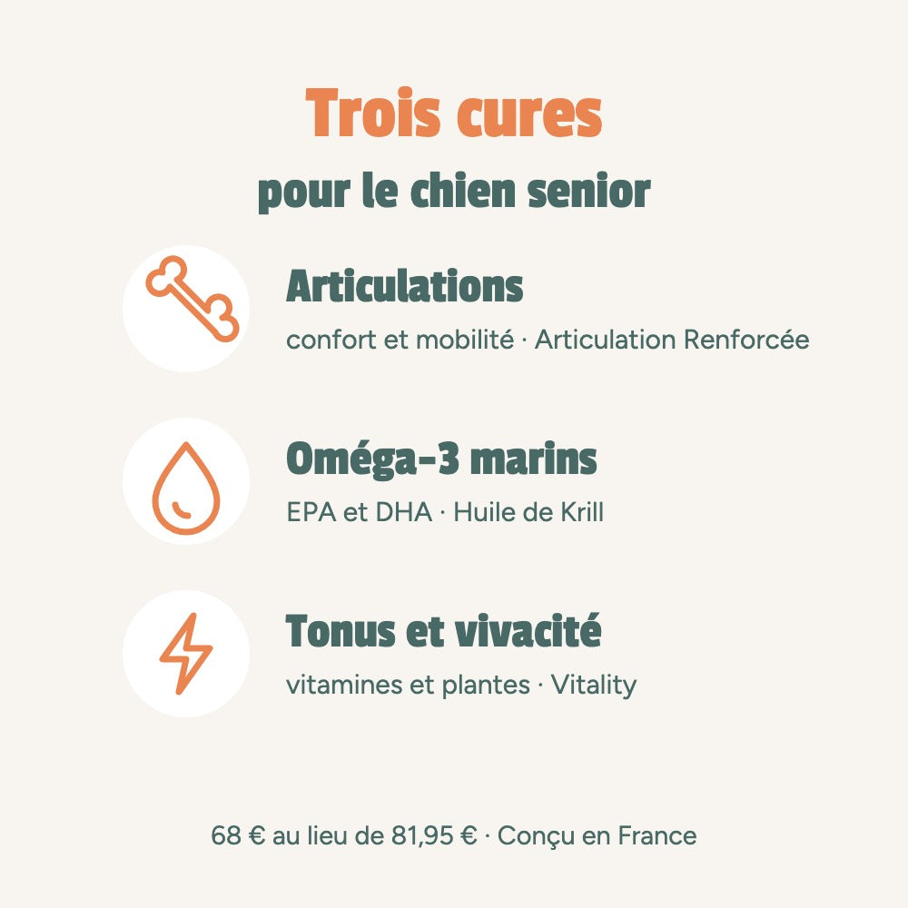 Trois cures pour le chien senior : articulations (Articulation Renforcée), oméga-3 marins EPA et DHA (Huile de Krill), tonus et vivacité (Vitality)