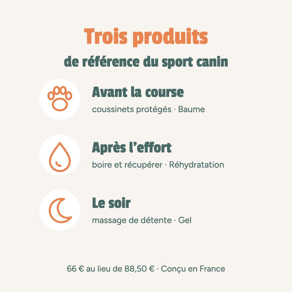 Trois produits de référence du sport canin : avant la course, coussinets protégés (baume) ; après l’effort, boire et récupérer (Réhydratation) ; le soir, massage de détente (gel)