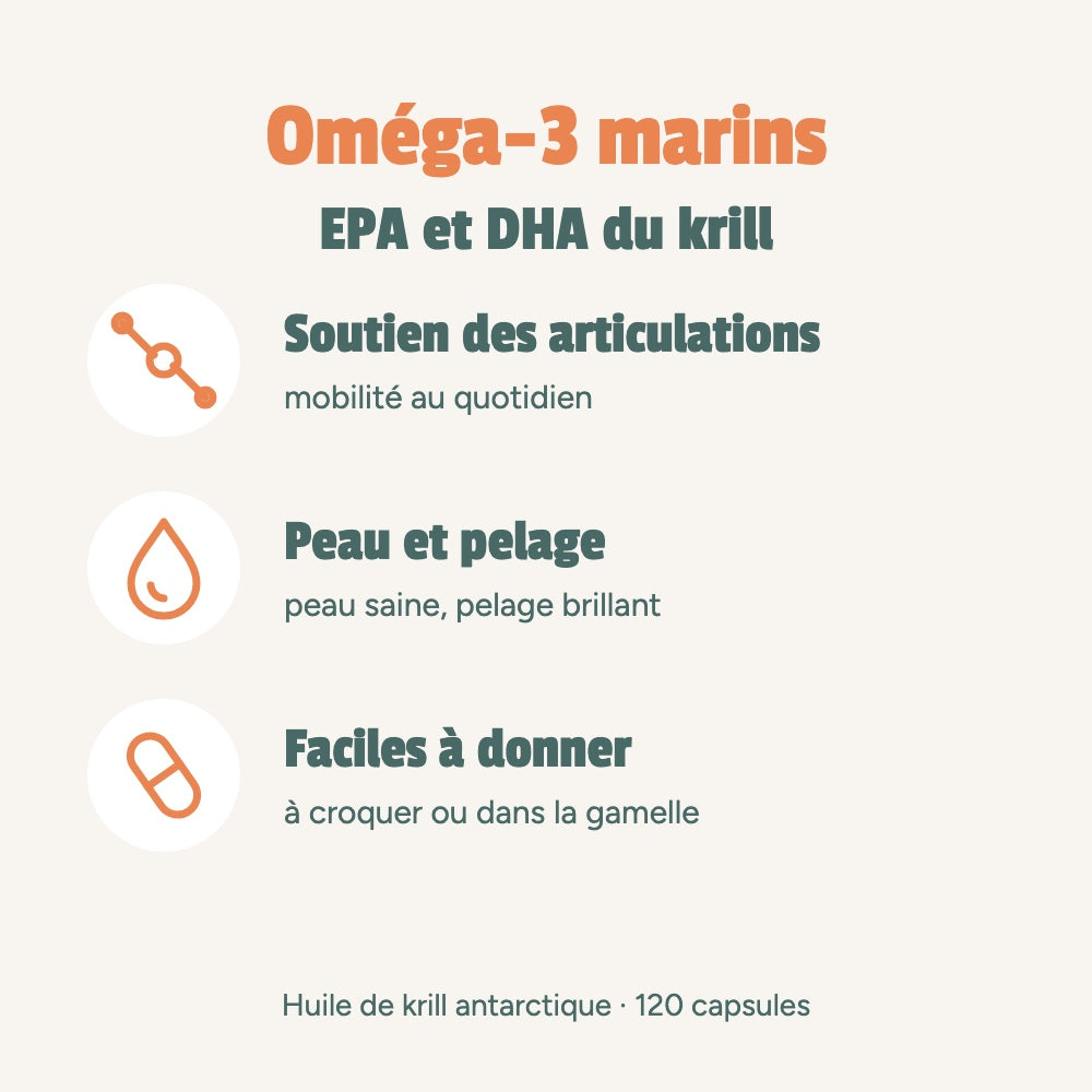 Oméga-3 EPA et DHA du krill : soutien des articulations, peau et pelage, capsules faciles à donner