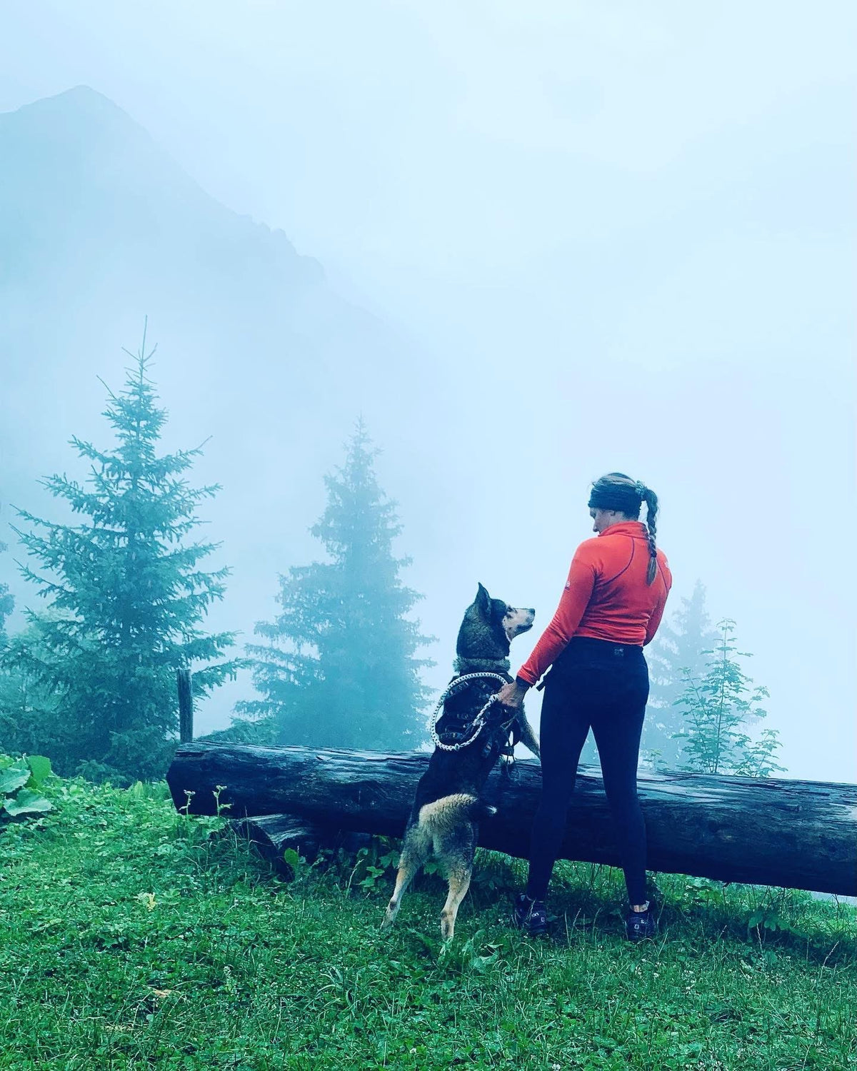 Valérie Maumon et son husky en montagne dans la brume
